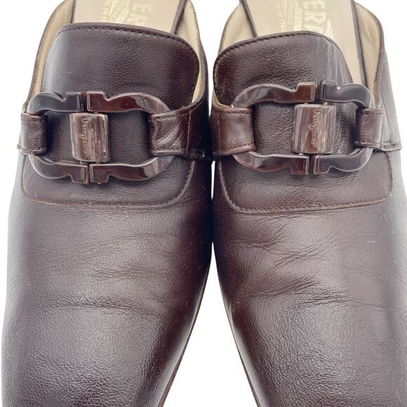 Vintage Salvatore Ferragamo Chocolate Brown Leather Square Toe Mules Size 8.5 - Picture 13 of 16